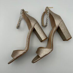 Jewel by Badgely Mishka Gold Block Heel Sandal Jeweled Ankle Strap Sz 8.5